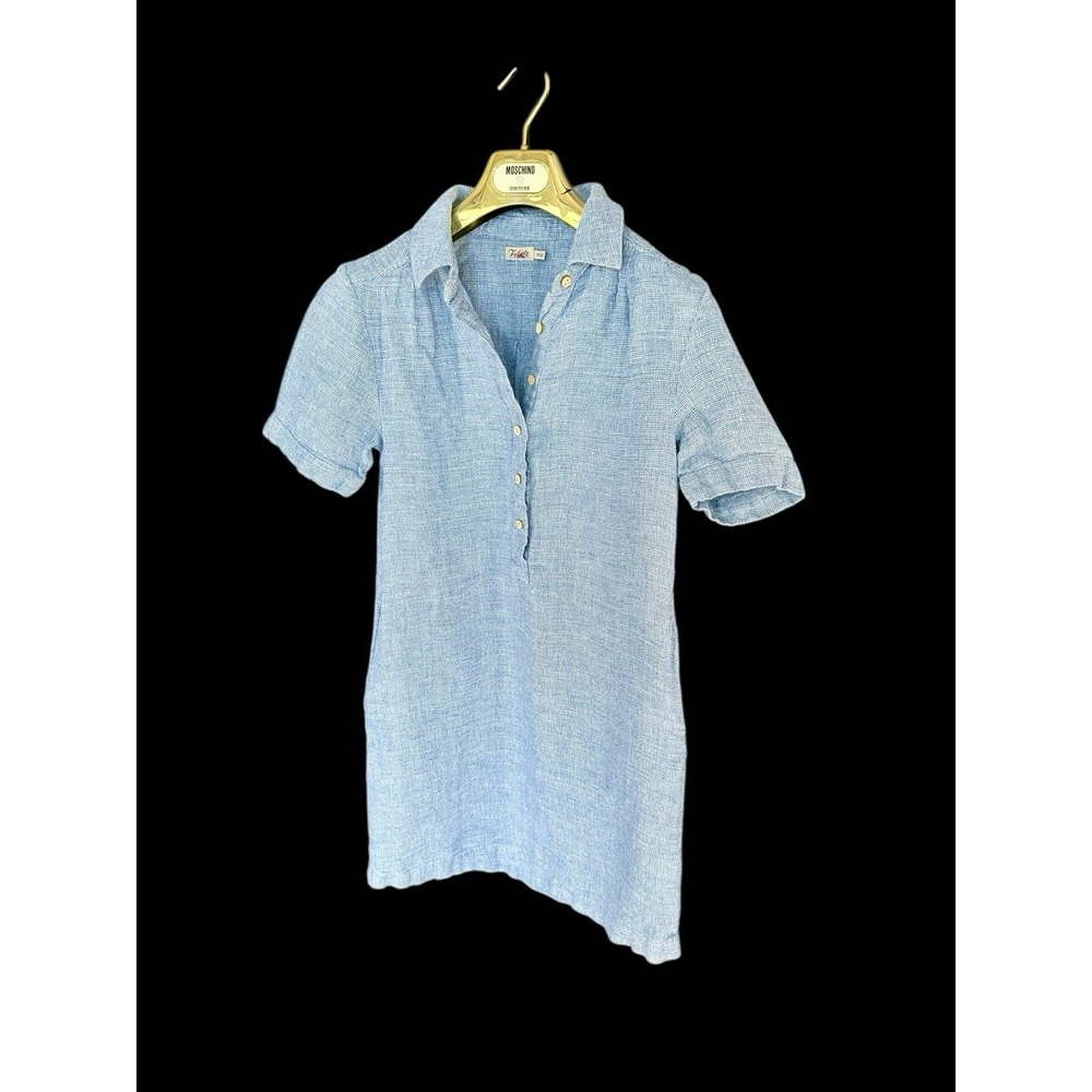 Faherty Dress Women XS‎ Linen Blend Shirt Collar Dress Buttons Pockets Blue